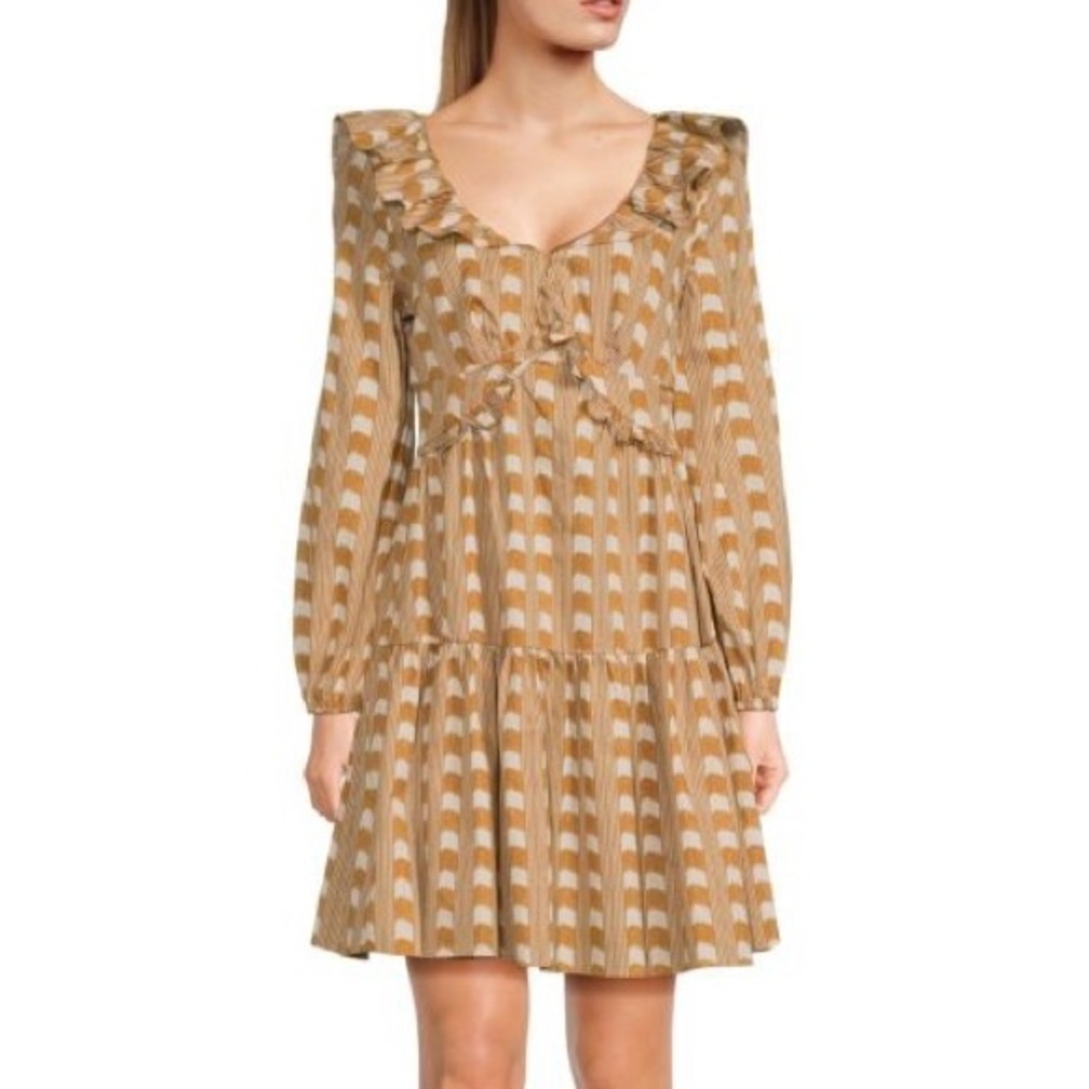 NWOT Derek Lam 10 Crosby Tan Ikat Print Mini Dress With Ruffle Detail, Size 10